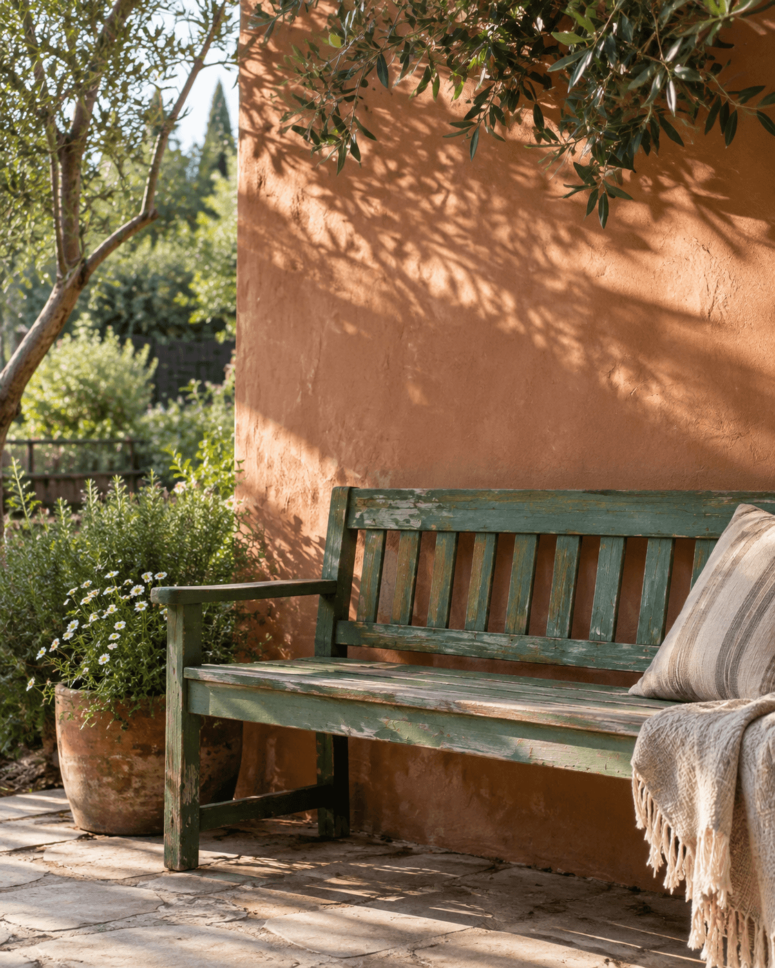 A quiet garden bench in warm afternoon light.